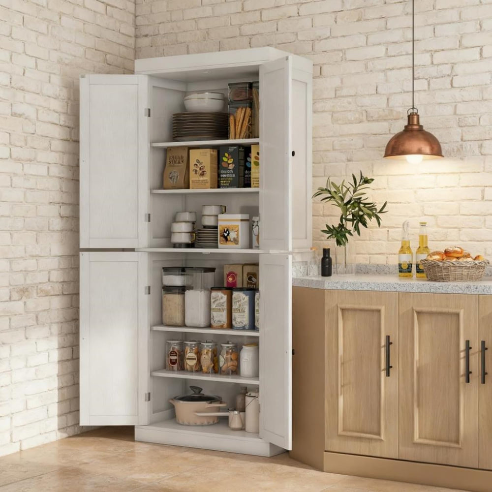 White Modern Style Freestanding Food Pantry Cabinet, Kitchen Floor Storage Ca...