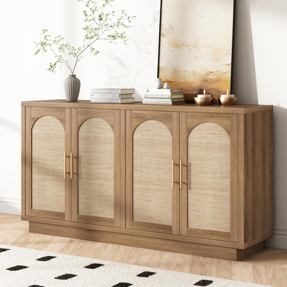 HOKYHOKY 59" Rattan Sideboard Buffet Cabinet with Storage, 4 Arched Doors