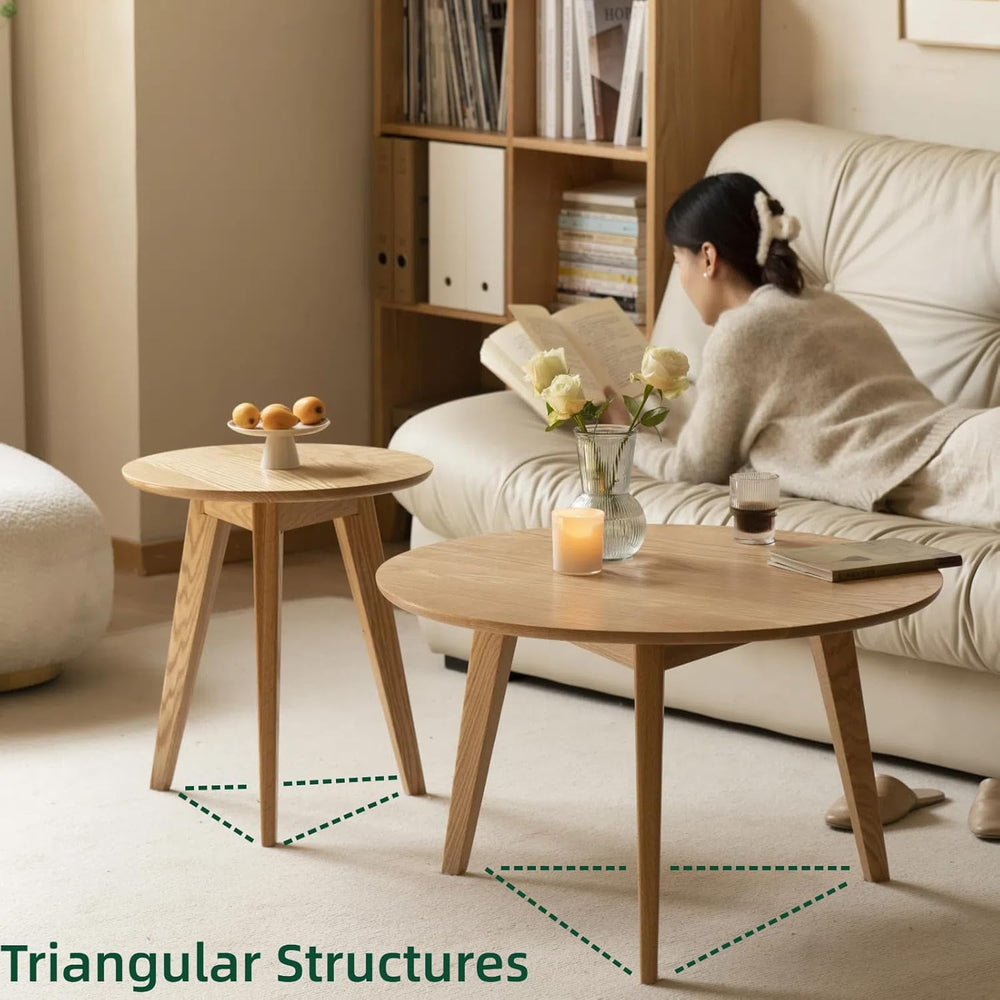 100% Solid Oak Wood Mini Coffee Table, Round Cofffe Tables Side Table w/Solid...