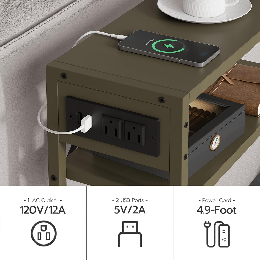 Leomonio Green Side Table with Charging Station, Slim End Tables with Linen Basket, Skinny Table for Small Spaces, Thin Bedside Table for Living Room, Bedroom