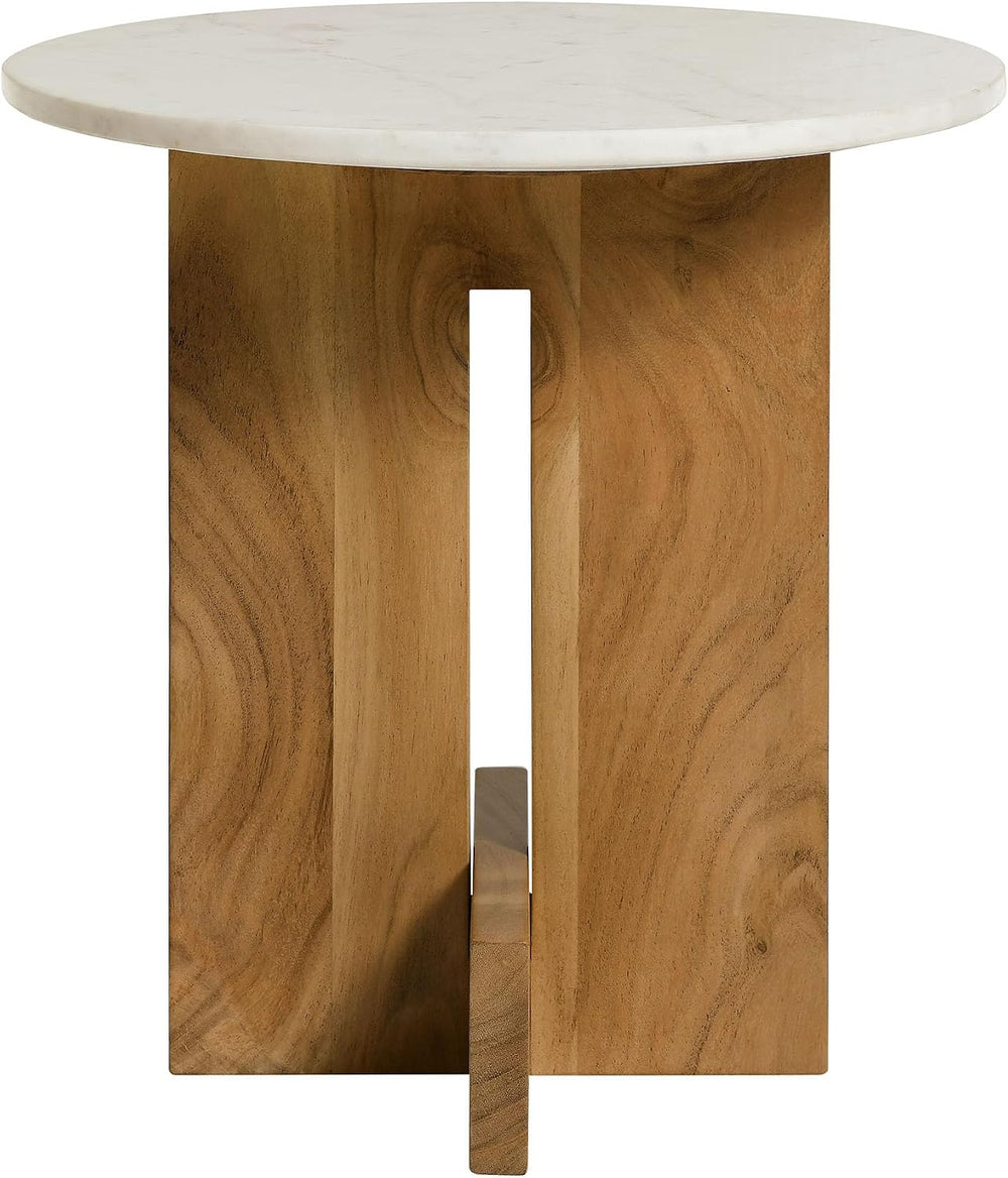 Modway Tarin Marble Top Side Table in Natural - Round Acacia Wood Living Room...