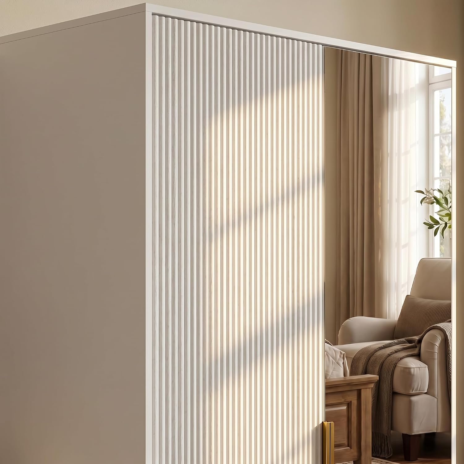 ECACAD 29.5" W Wardrobe Armoire with Mirror, Fluted Door & LED Light, Wooden Closet Storage Cabinet with Hanging Rod, 2 Doors and 2 Drawers for Bedroom, White