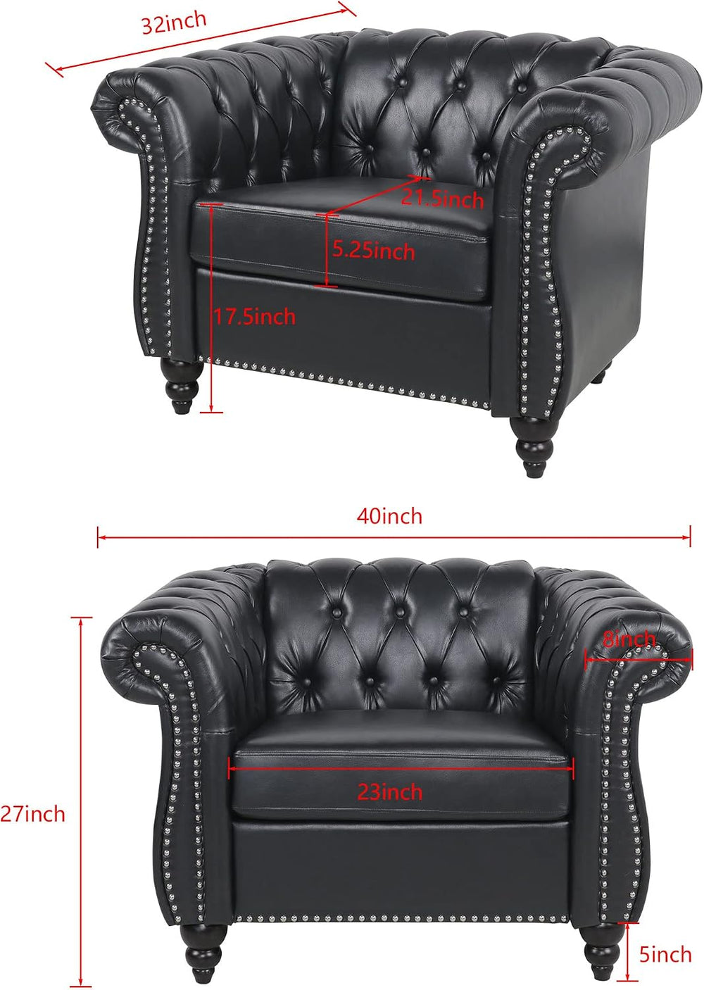 LEVNARY Leather Upholstered Armchair, Mid-Century Modern Single Sofa Chair wi...