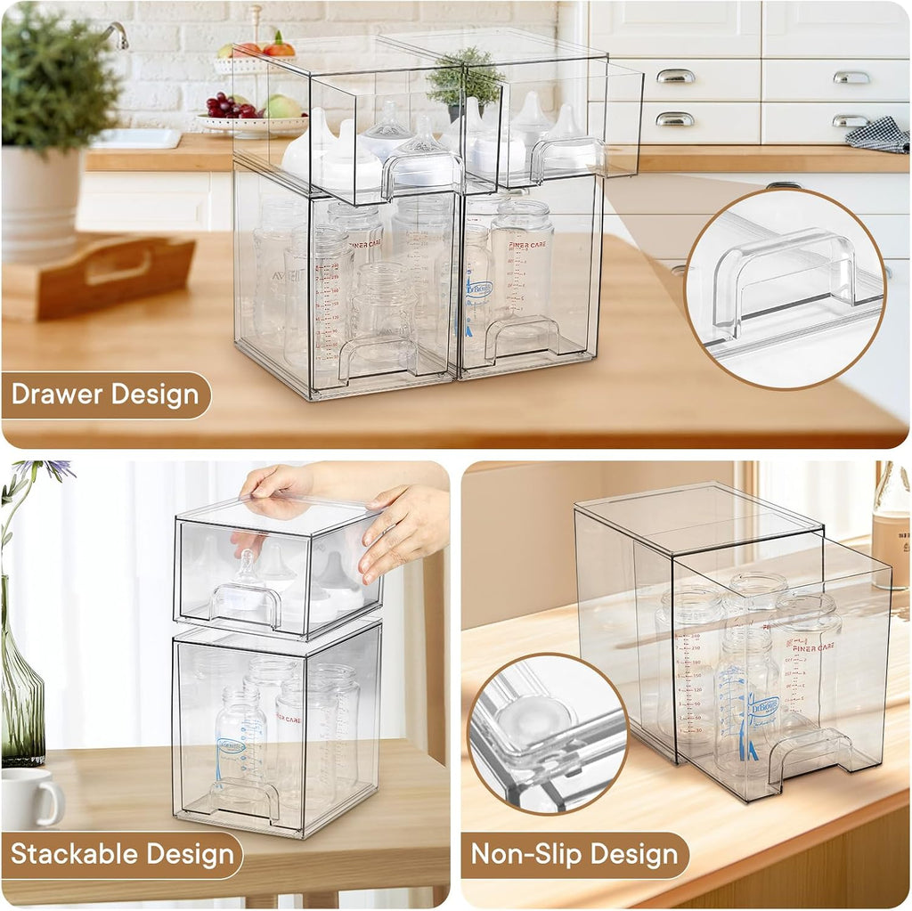 Baby Bottle Organizer, 4 Pack Clear Space-Saving Stackable Drawer with Handle, Baby Bottle Storage Organizer for Countertop and Cabinet