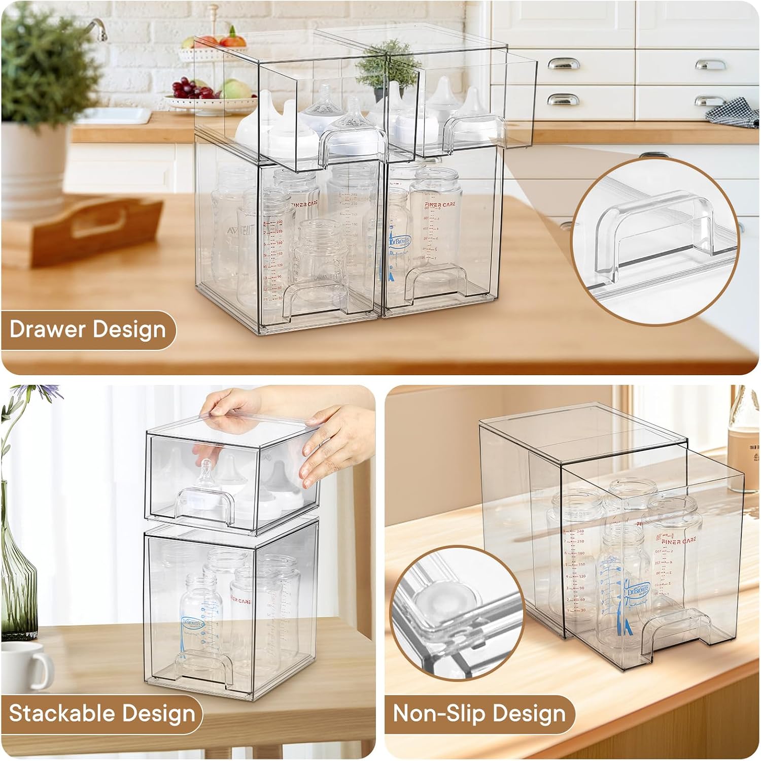 Baby Bottle Organizer, 4 Pack Clear Space-Saving Stackable Drawer with Handle, Baby Bottle Storage Organizer for Countertop and Cabinet