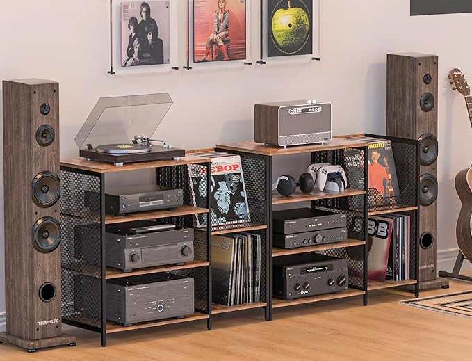 Large Record Player Stand Table with Vinyl Record Holder Up to 150PCS, AV Media Stand Stereo Cabinet Shelf Rack Tower with Storage, Sturdy, Adjustable Feet, Rustic, Large Capacity