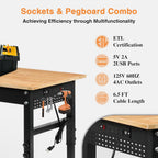 Betterhood 70" Adjustable Workbench on Wheels, 2000 LBS Heavy Duty Work Table with Power Outlets & Pegboard, Rubber Wood Workstation for Garage, Workshop, Office, Home, Commercial