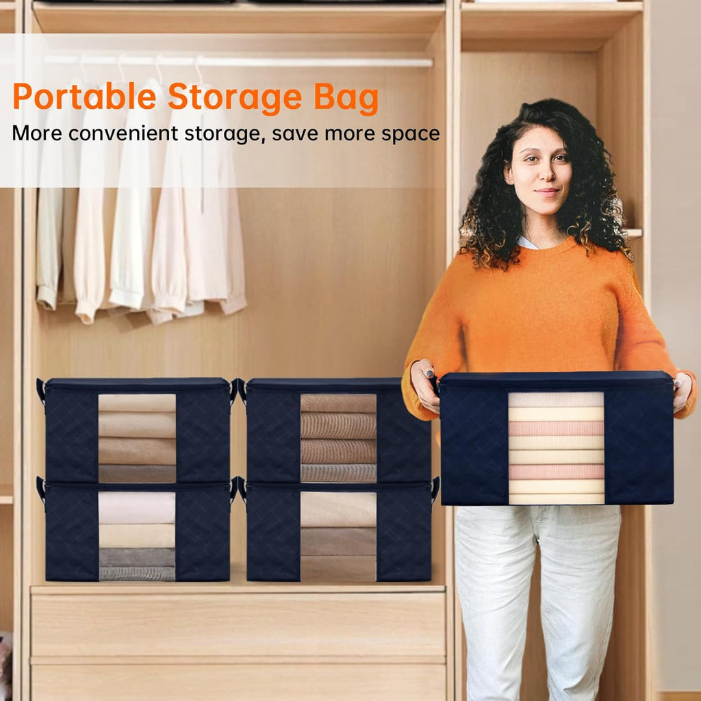 8 Pack Clothes Storage Bags - 60L Blanket Organizers and Storage for Closet Large Storage Bins with Lids and Zipper Storage Containers for King Comforter, Pillow and Sweater(Blue, 8 Pack)