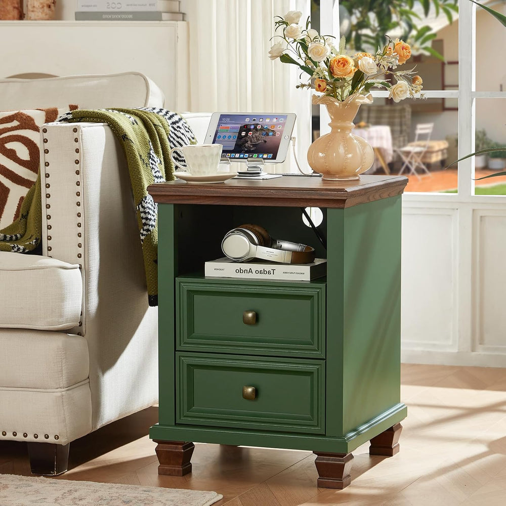 SAVOR LIFE Farmhouse Nightstand Set of 2 with Charging Station, Green | End T...
