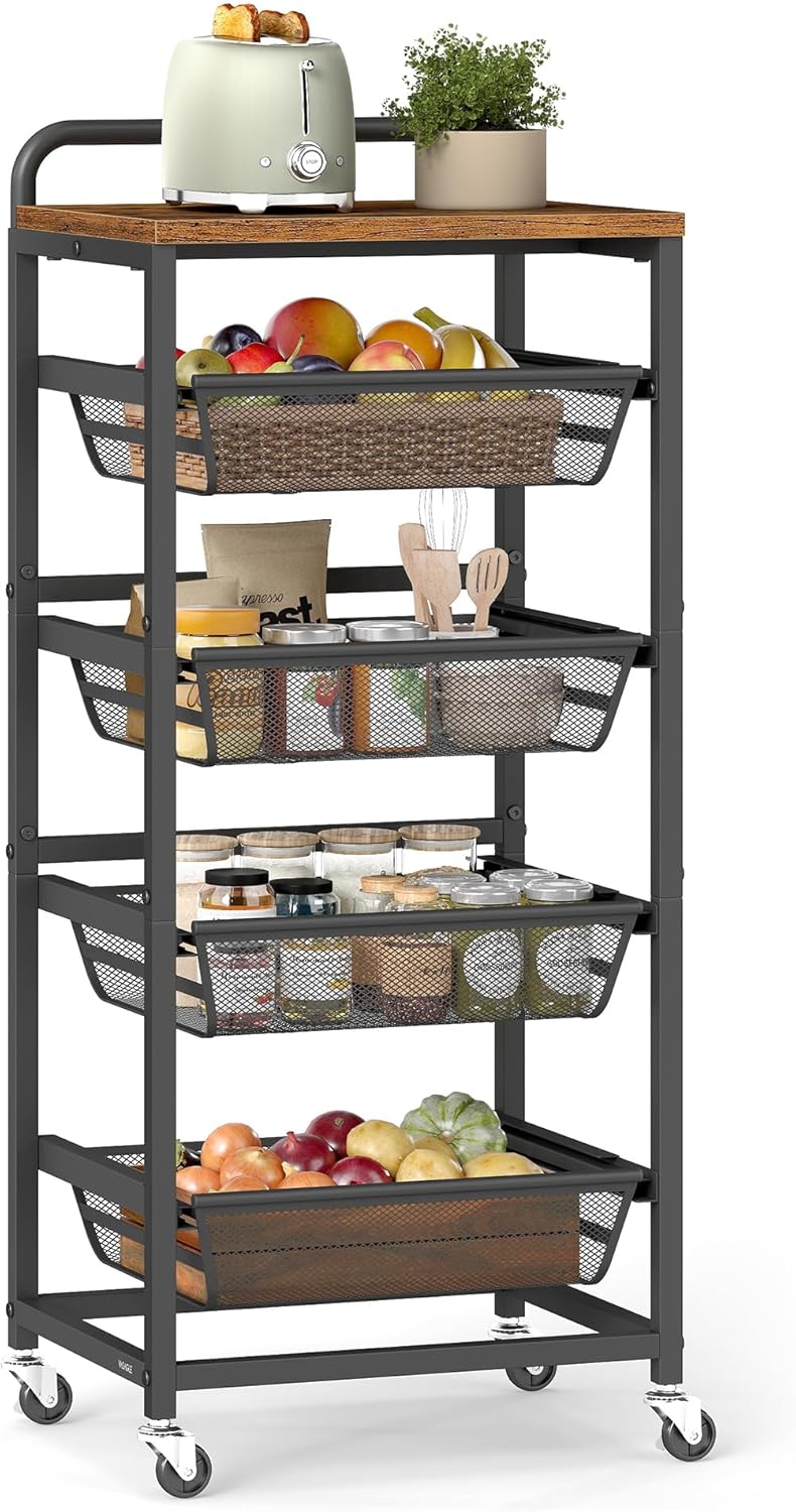 VASAGLE Storage Rolling Cart with Pull-Out Baskets, 5-Tier Utility Cart Orgni...