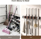 Suction Cup No Drilling Broom Holder Wall Mount, Walnut Color Mop Organizer Wall Hanging, 4 Racks 5 Hooks Tool Organizer Hanger Self Adhesive for Home, Garage, Garden, Laundry, Kitchen