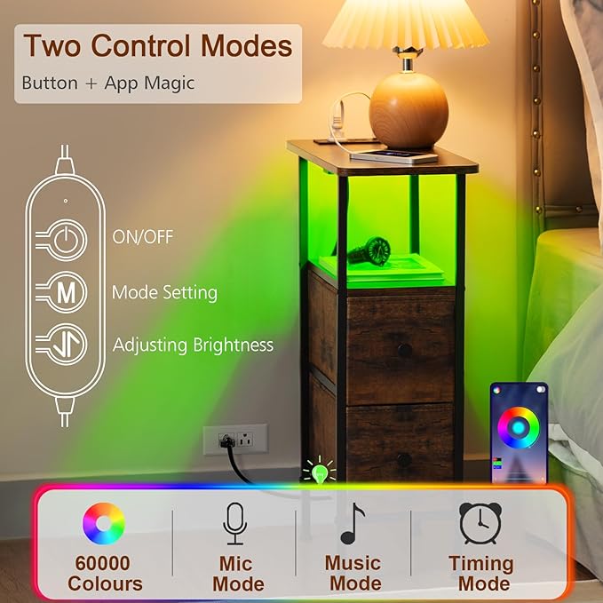 Narrow End Tables Living Room Set of 2 with Charging Station, Skinny Side Tab...