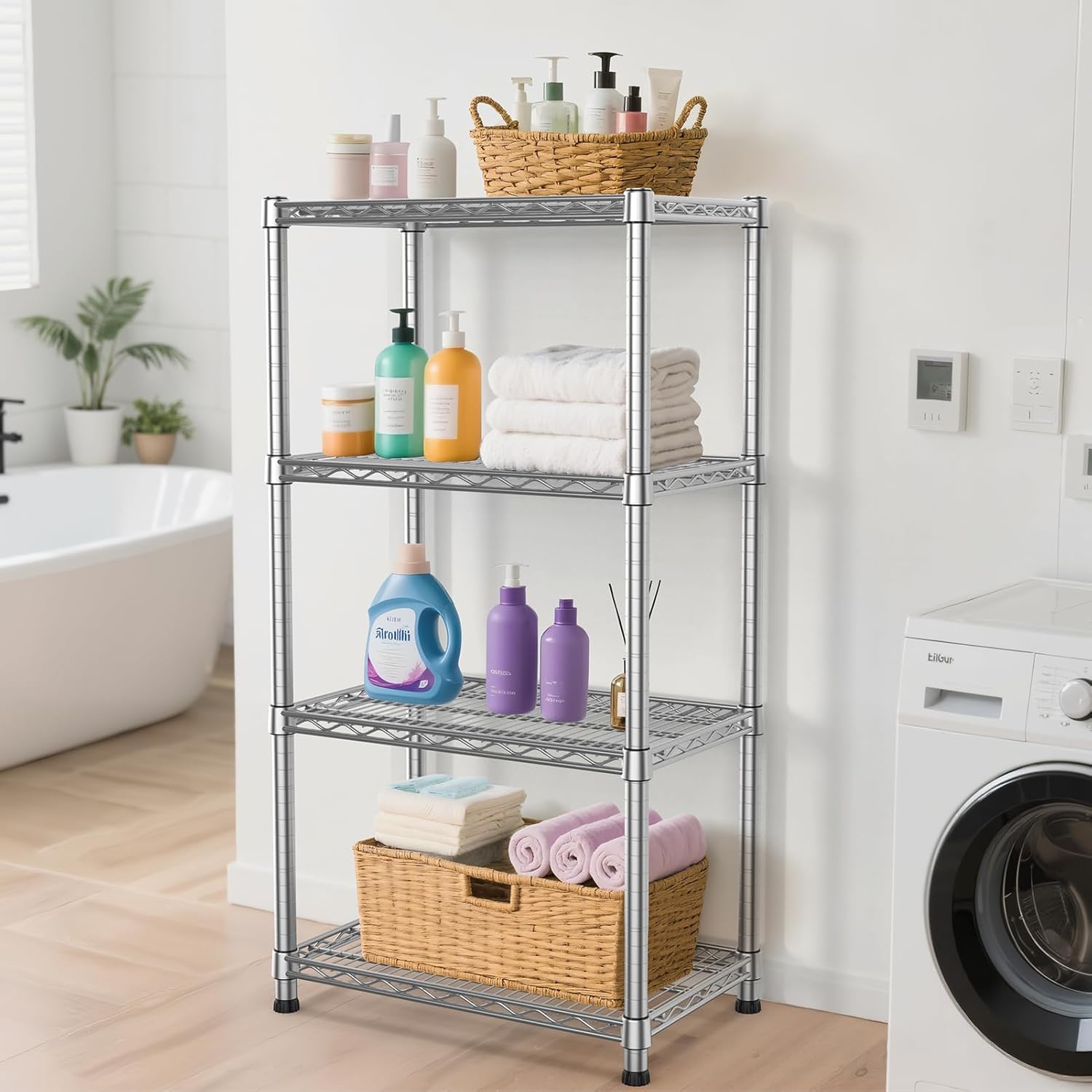 4- Shelf Storage Shelves Wire Shelving Unit Adjustable Metal Shelving Sturdy Steel Commercial Shelf organize Rack Units Heavy Duty 2200 LBS,for Garage Laundry Bathroom Organization Kitchen Closet