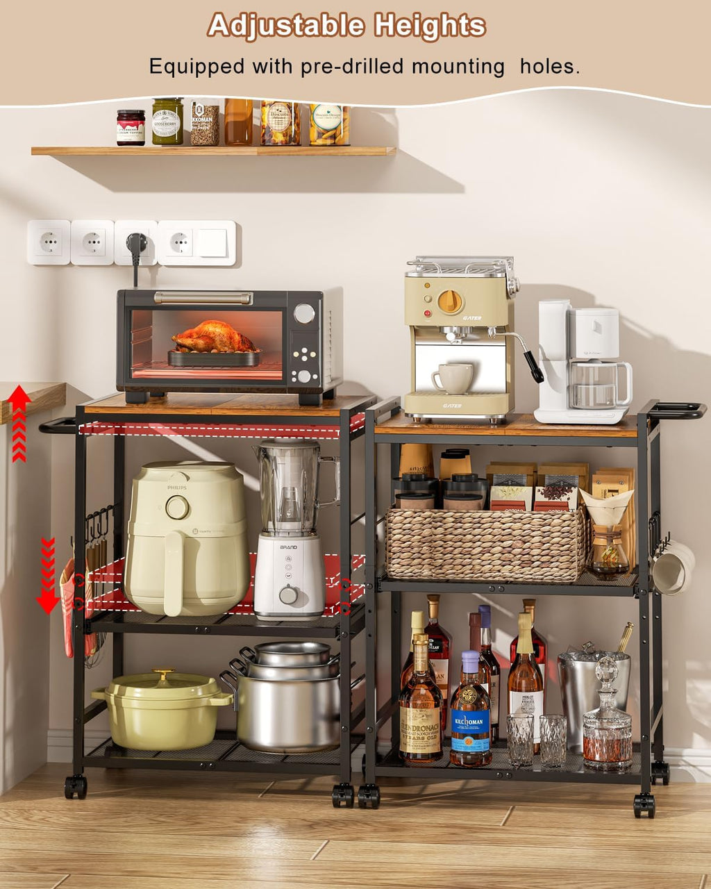 Feyejade 3-Tier Rolling Kitchen Cart with Storage, Compact Metal Island | Compact size for pantry storage, adjustable shelf utility cart, pull out drawer, microwave stand table top open shelving