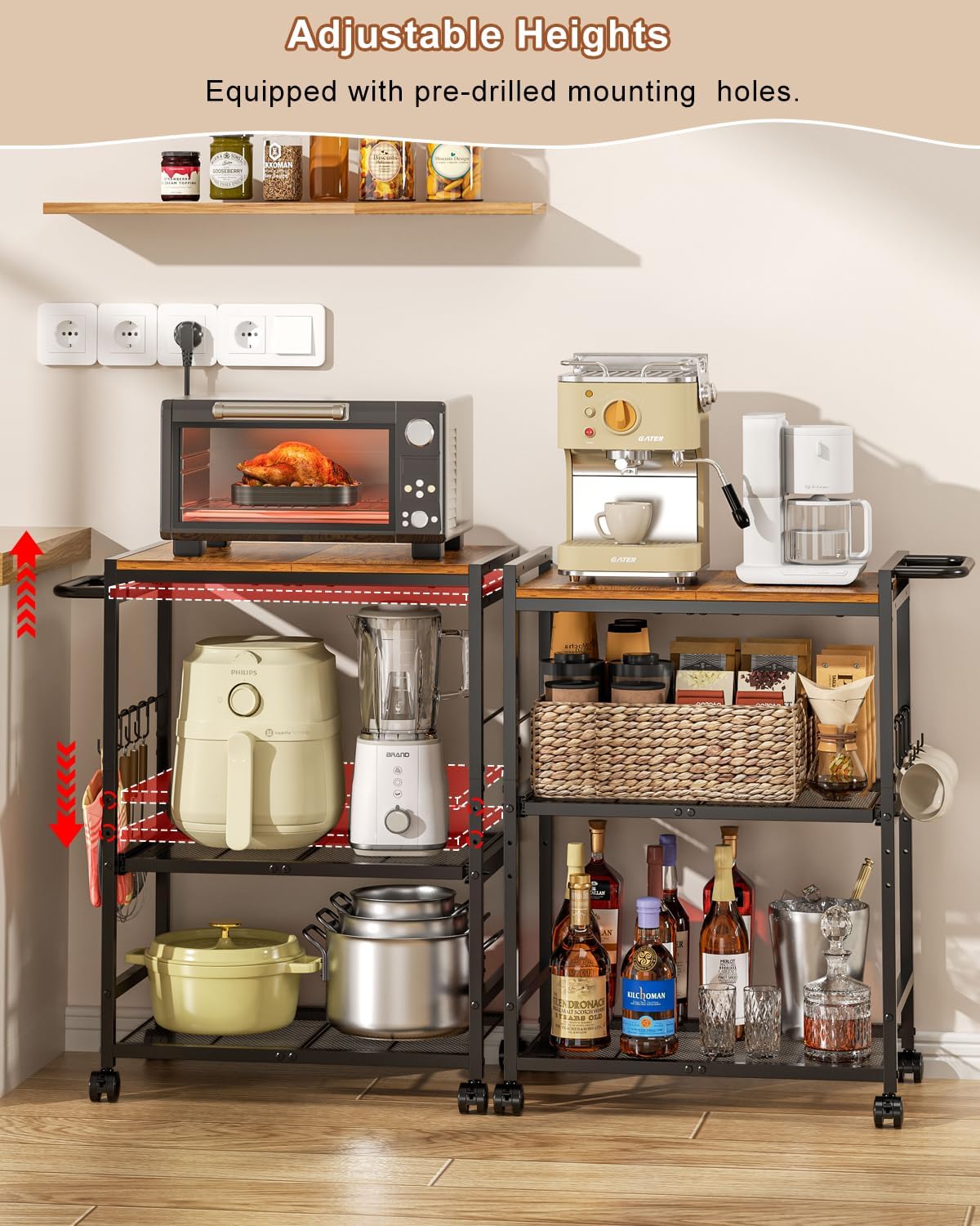 Feyejade 3-Tier Rolling Kitchen Cart with Storage, Compact Metal Island | Compact size for pantry storage, adjustable shelf utility cart, pull out drawer, microwave stand table top open shelving