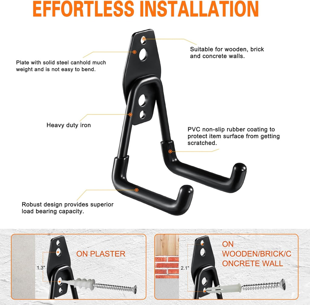 Heavy Duty Garage Hooks 6 Pack, 2.8 inch Small U Shaped Hanger, Wall Mounted Storage System, Power and Garden Tool Organizer, for Hanging Ladders, Hose, Bulk Items and More