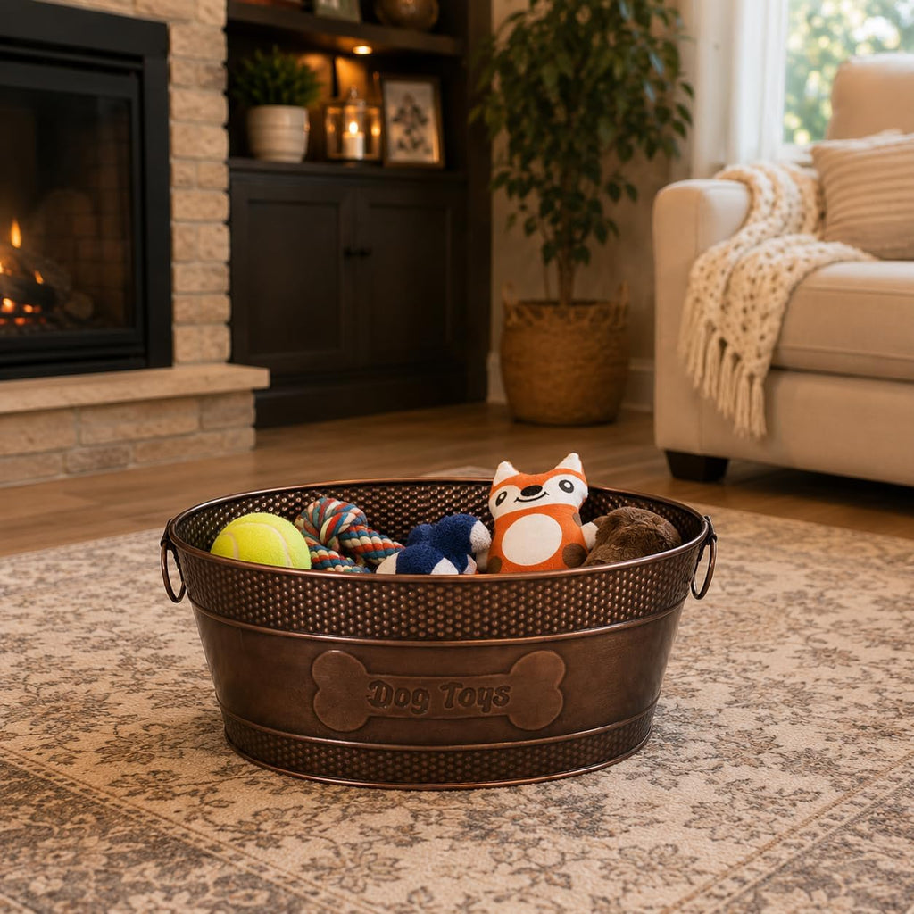 BREKX Copper Metal Pet Storage & Dog Toy Bin w/ Handles, Indestructible | Dog Toy Box • Galvanized Steel • Organizes Toys, Blankets & Leashes • Farmhouse Style