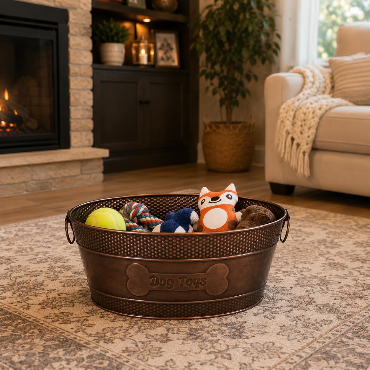 BREKX Copper Metal Pet Storage & Dog Toy Bin w/ Handles, Indestructible | Dog Toy Box • Galvanized Steel • Organizes Toys, Blankets & Leashes • Farmhouse Style