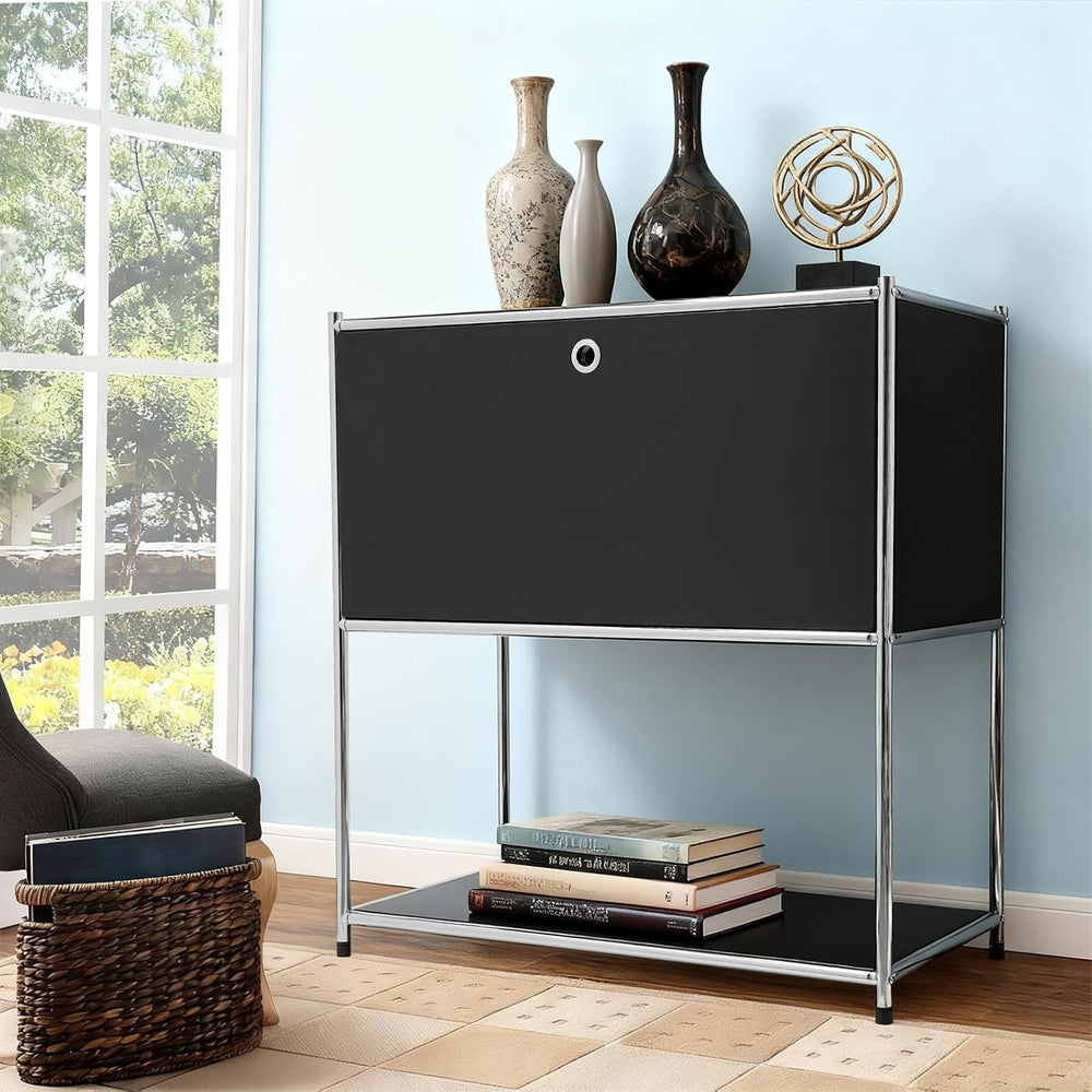 Modern Metal Side Table with Drop-Door & Open Shelf, 27.5" Height Si...