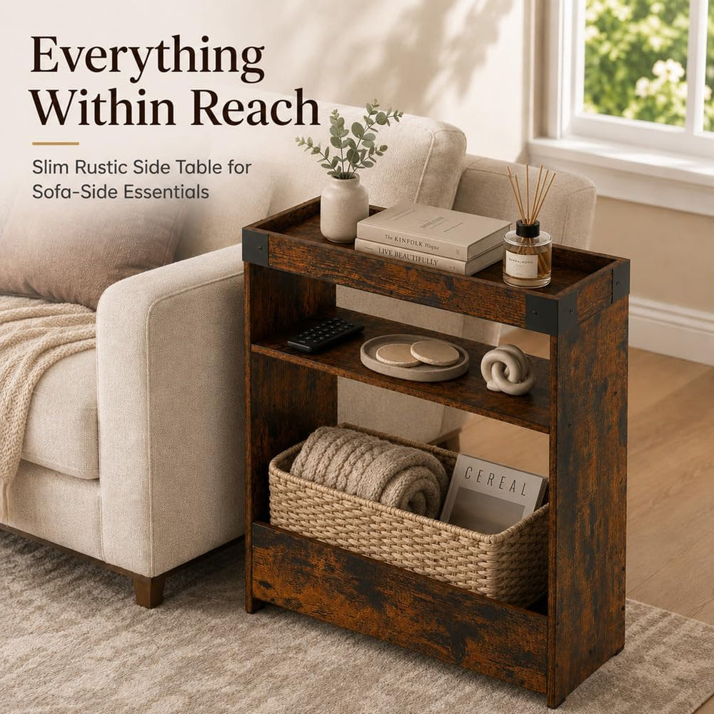 Farmhouse Narrow Side Table with Tray Top & Magazine Rack, Sofa Couch Sid...