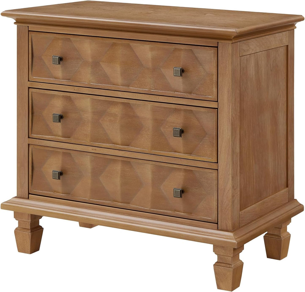 Traditional Geometric Textured Nightstand, 3 Drawer Solid Wood Bedside Table ...