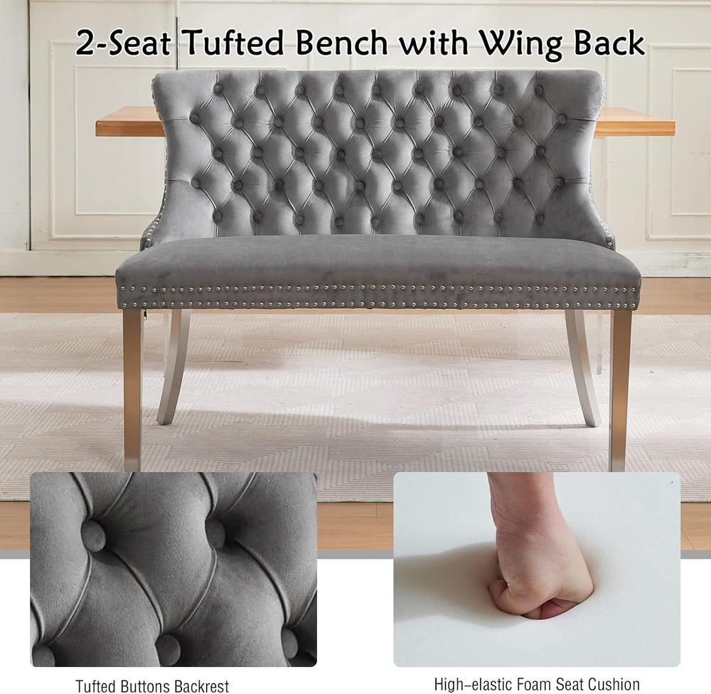 Henf Modern Tufted Velvet Dining Bench with Wing Back, 2-Seat, Nailhead Trim,...