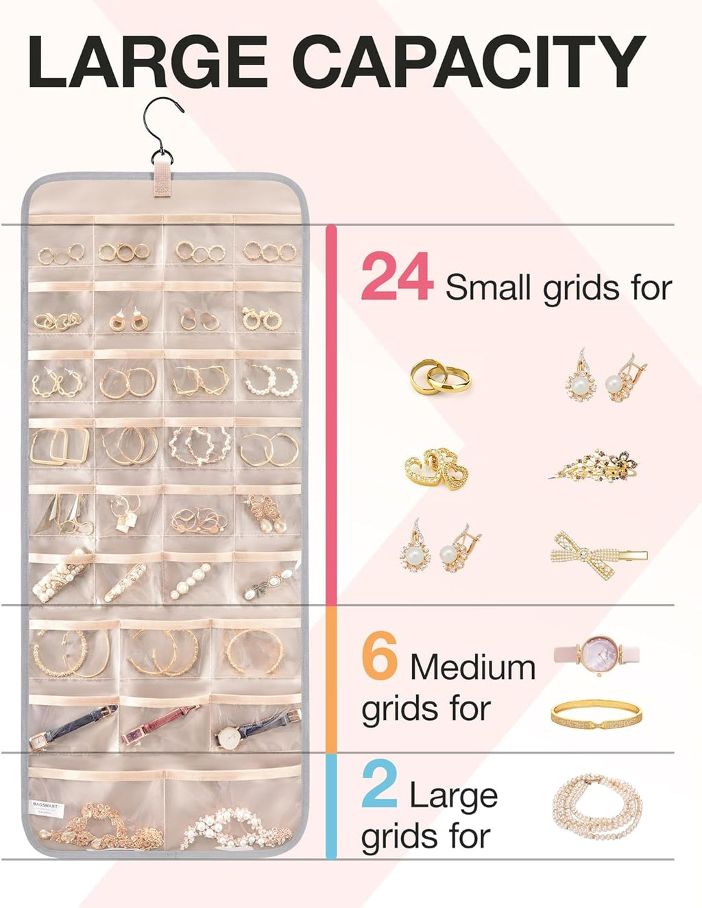 BAGSMART Hanging Jewelry Organizer Storage Roll with Hanger Metal Hooks Double-Sided Jewelry Holder for Earrings, Necklaces, Rings on Closet, Wall, Door, 1 piece, Large, Grey