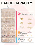 BAGSMART Hanging Jewelry Organizer Storage Roll with Hanger Metal Hooks Double-Sided Jewelry Holder for Earrings, Necklaces, Rings on Closet, Wall, Door, 1 piece, Large, Grey