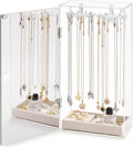Acrylic Jewelry Organizer with Mirror - 24 Rotating Hooks, Velvet Tray for Necklaces, Rings & Earrings - Clear Necklace Holder Organizer, Rotating Jewelry Box, Elegant Necklace Jewelry Box for Women