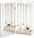 Acrylic Jewelry Organizer with Mirror - 24 Rotating Hooks, Velvet Tray for Necklaces, Rings & Earrings - Clear Necklace Holder Organizer, Rotating Jewelry Box, Elegant Necklace Jewelry Box for Women