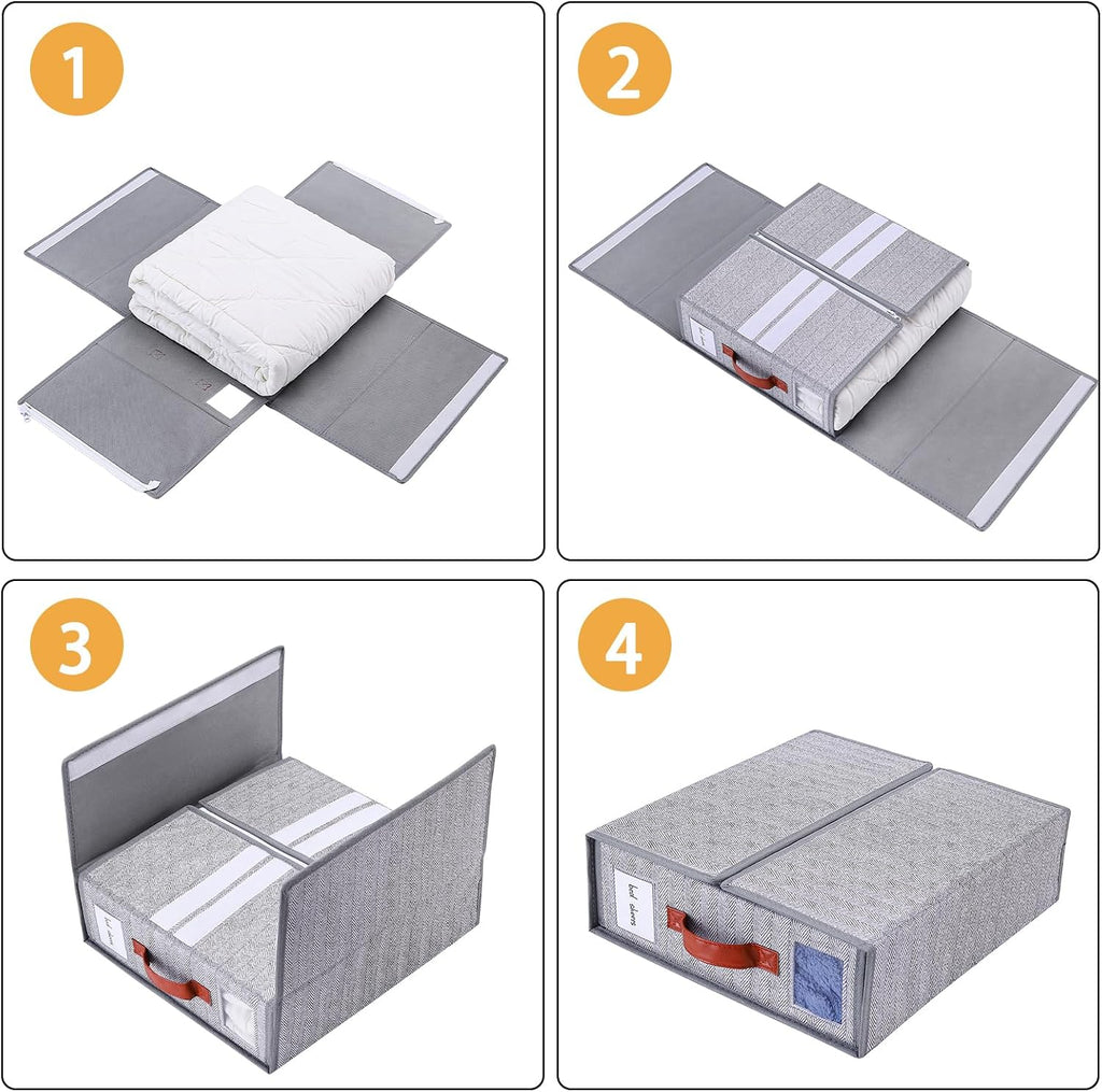 4 Pack Bed Sheet Storage Organizers- Premium Fabric Closet Organizer with Clear View Window, Space-Saving Foldable Design for Queen/King Size Bedsheets, Blankets & Duvet Covers
