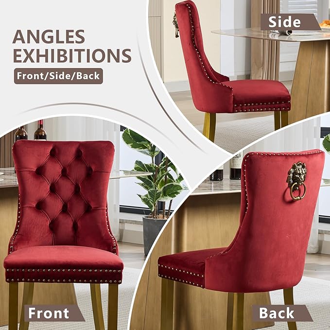 Velvet Dining Chairs Set of 6, Modern Tufted Dining Room Chair, Upholstered Dining Chairs with Lion Head Pulls Ring and Golden Solid Wood Legs, Luxury Kitchen Chairs for Dining Room, Burgundy