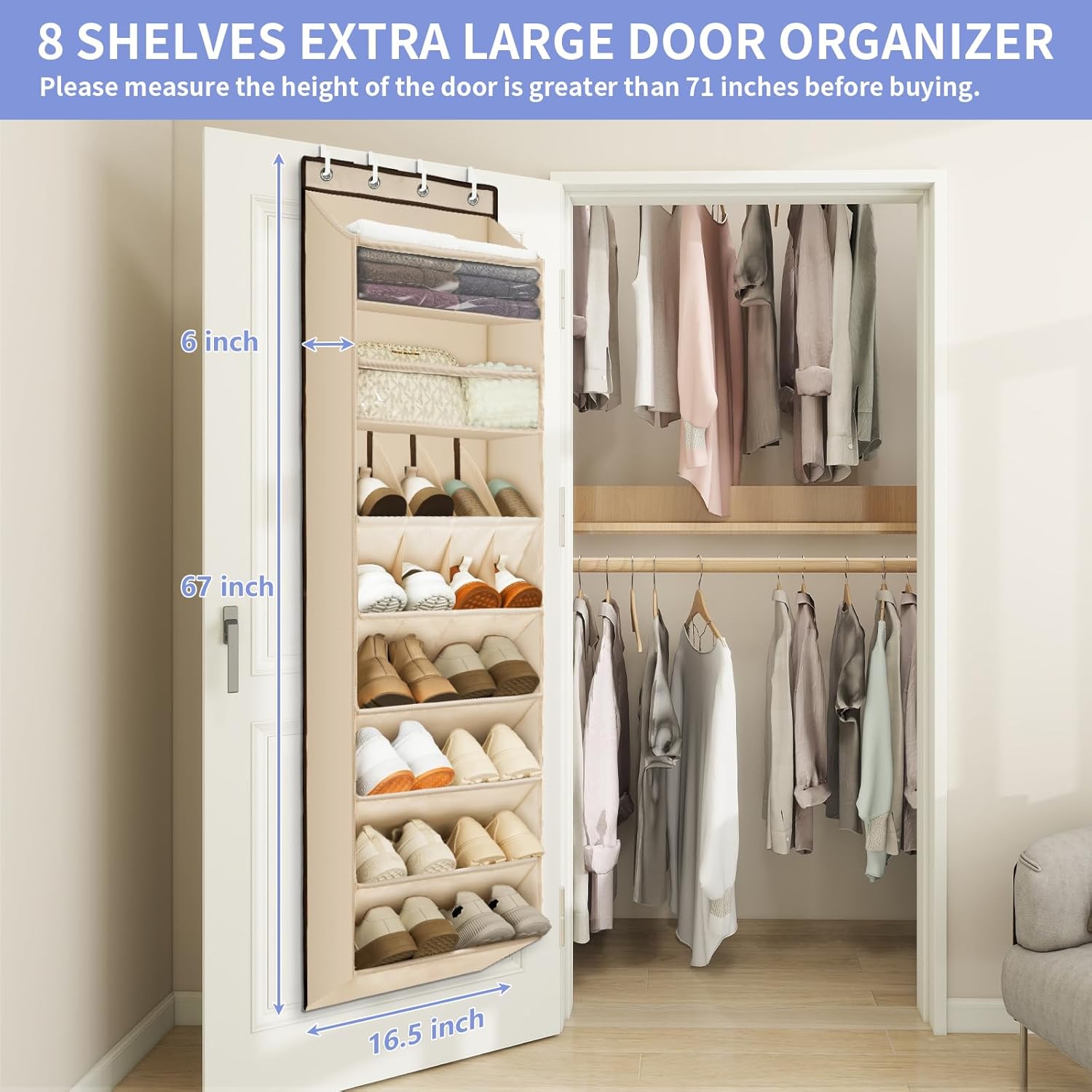 FENTEC 1 Pack Over The Door Shoe Organizer, 68" Exlarge Deep Pockets Hanging Shoe Organizers, 8-Tier Shoe Rack for Closet, Shoe Holder for Boots,Over Door Organizer in Home, RV, Dorm, Beige