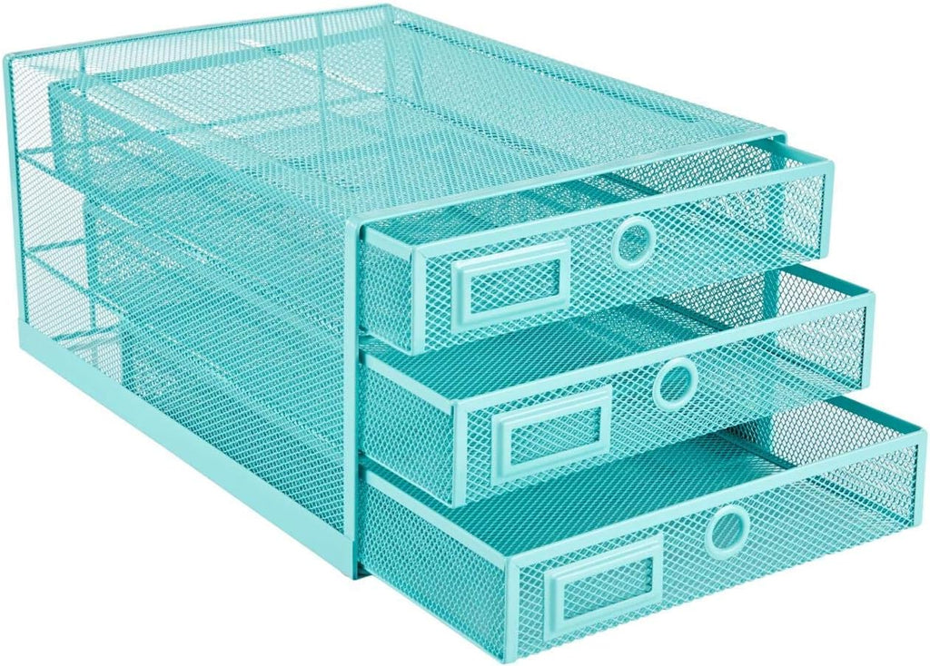 Annova Desk Organizer Wire Mesh 3 Tier Sliding Drawers Paper Sorter/Multifunctional/Premium Solid Construction for Letters, Documents, Mail, Files, Paper, Kids' Art Supplies (Turquoise)