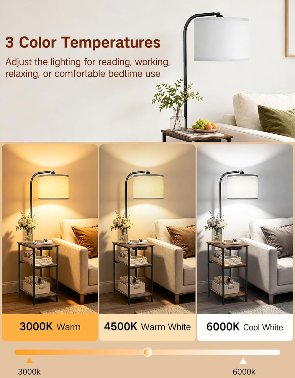 Floor Lamp with Side Table & Charging Station, End Table with 3 Color Tem...
