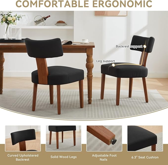 Dining Chairs Set of 4 Upholstered Dining Chairs, Mid Century Modern Kitchen Chairs with Solid Wood Legs and Ergonomic Curved Backrest, Black Linen Fabric (Black, Set of 4)
