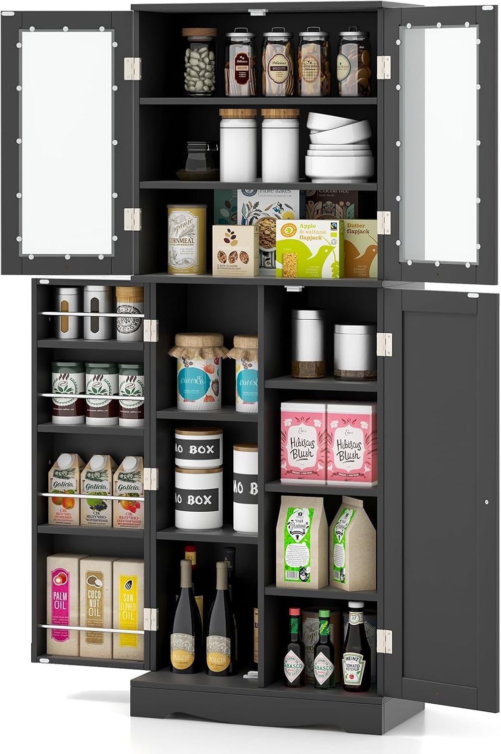 SlickBlue Tall Kitchen Pantry Cabinet with Tempered Glass Doors and Storage S...