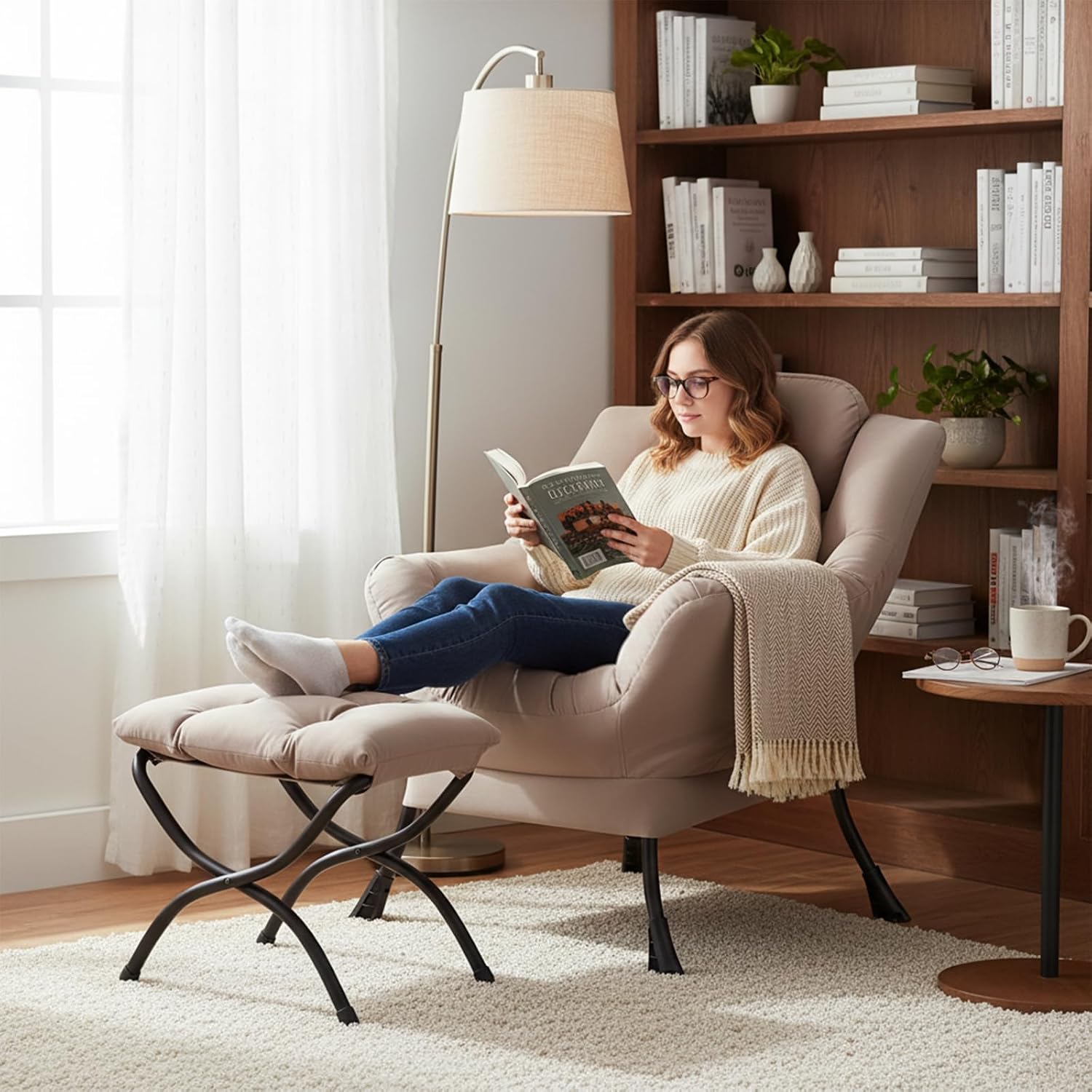 Welnow Lazy Chair with Ottoman, Reading Chair with Footrest，Khaki | A Side Pocket,Armrests,Foldable Footrest,Thick Cushioned Seat & Backrest, Lounge Chair for Bedroom,Living Room & Small Space