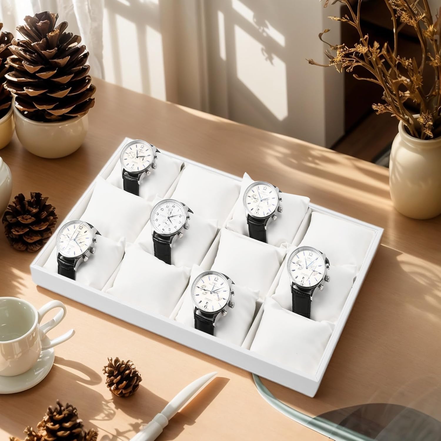 12-Grid PU Leather Watch Display Tray with Pillow Inserts White | 12 Watch Slots, Soft Pillow Inserts, For Watch Storage & Display, Durable & Sturdy, For Home & Retail