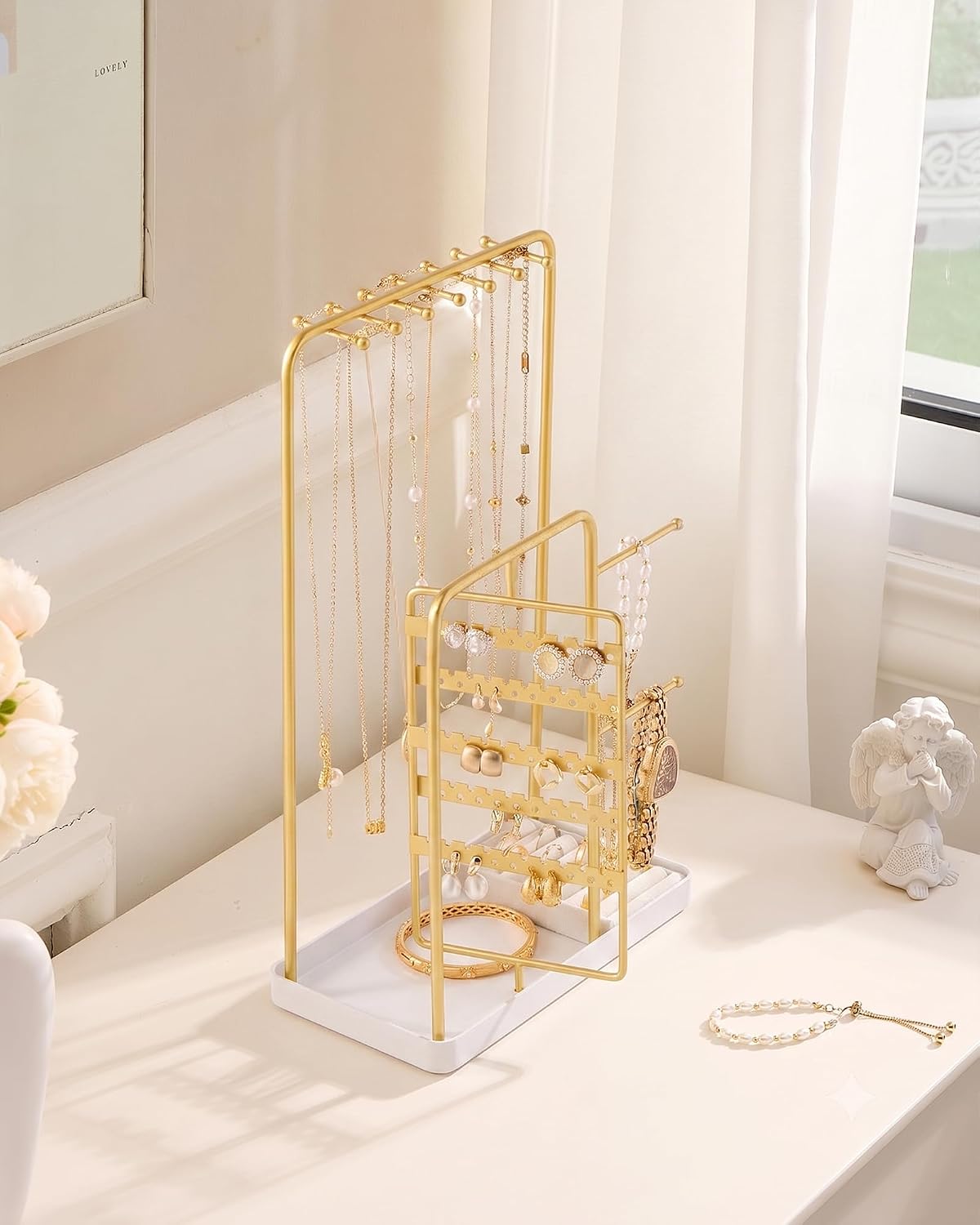 ProCase Jewelry Stand Holder Organizer and Storage, Gold | Rotating Earring Bracelet Holder Storage, Hanging Jewelry Display Velvet Ring Tray, Teen Girls Birthday Gifts Room Dorm Decor