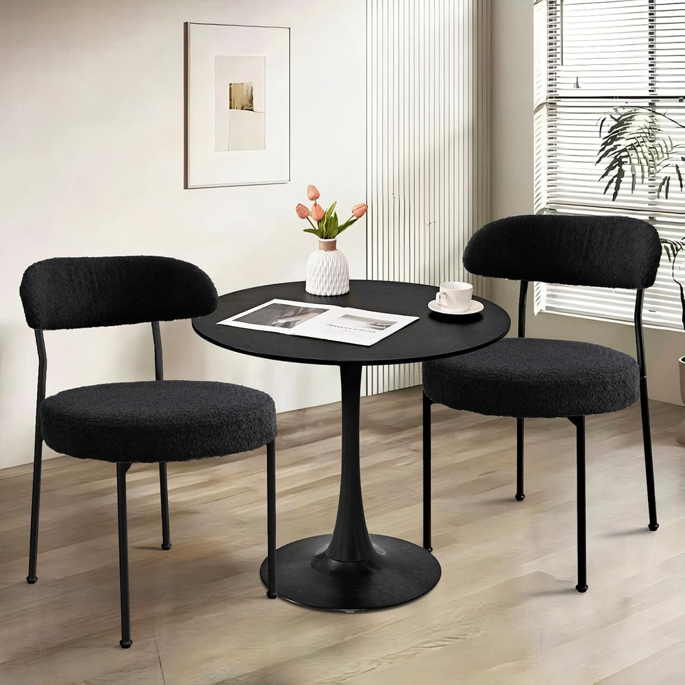 Dining Table and Chair Set 31.5" Black Round Table&2 Boucle Upholste...