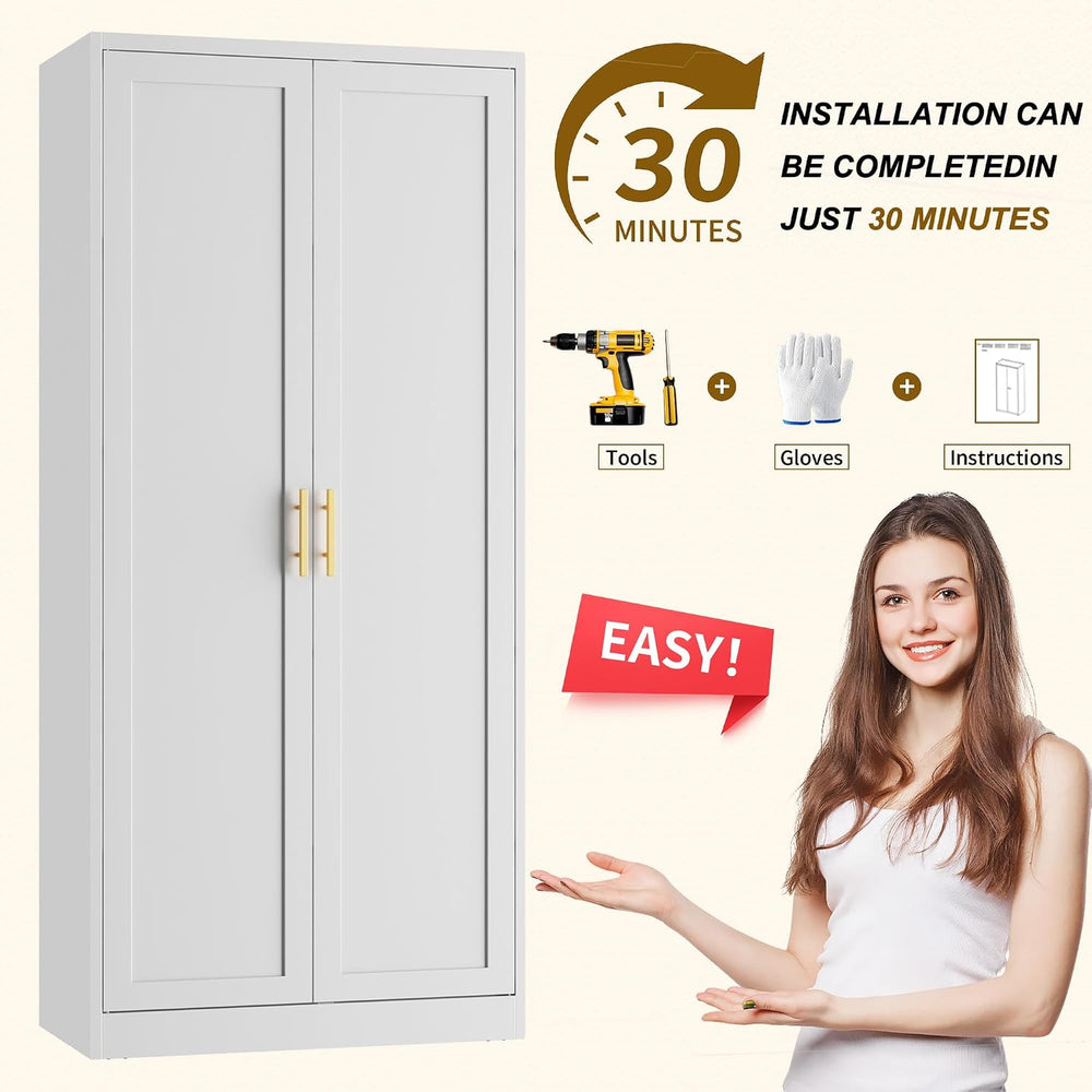 CJF White Kitchen Pantry Cabinet,71 Inch Tall Metal Storage Cabinet with 4 Ad...