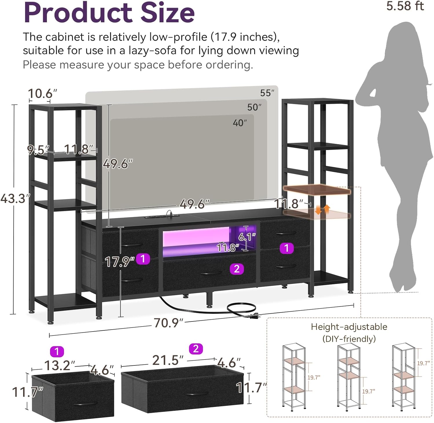 Casaottima TV Stand for 40/50/55 Inch TV, Low-Profile Entertainment Center with LED Lights & Power Outlets, TV Stand with Drawers & Open Shelves for Storage for Small Spaces/Living Room/Gaming, Black