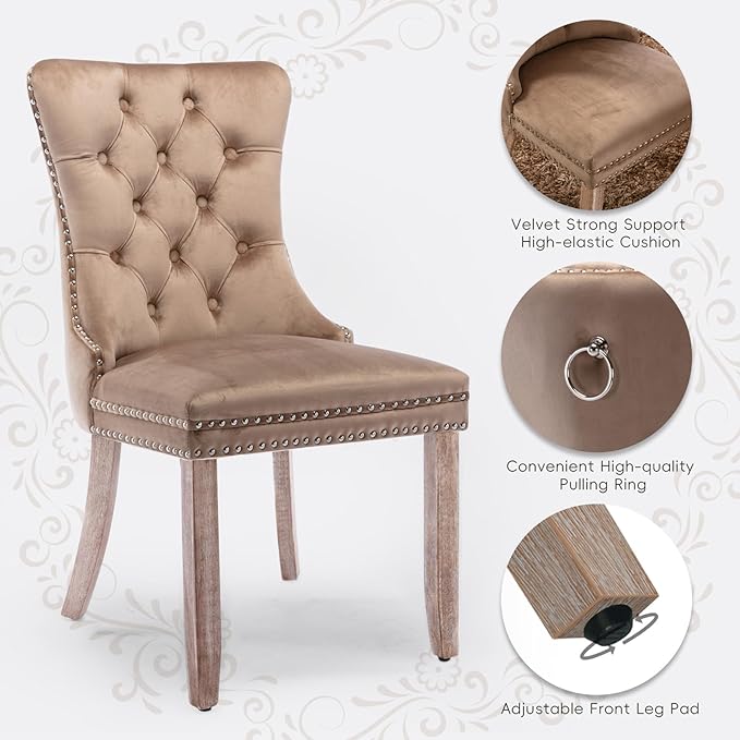 Velvet Upholstered Dining Chairs Set of 8, Modern Style Kitchen Side Chairs with Nailhead Trim and Wood Legs,Metal Pulling Ring for Dining Room Living Room(Khaki)