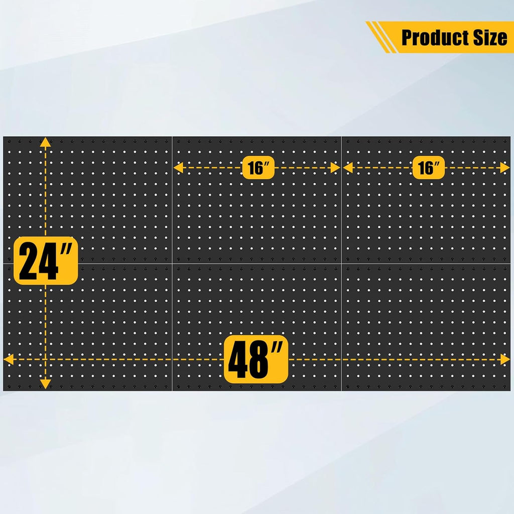 PBHEPJ 6 Pcs Metal Pegboard Panels, Heavy Duty Peg Boards for Garage and Garden Tool Storage, Includes Drywall Anchors and Screws Kits, Black (6 pcs 16in x 12in)