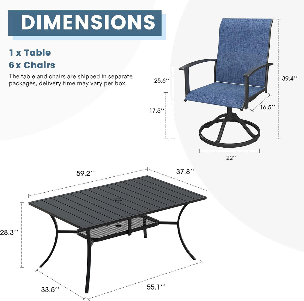 DIFY Outdoor Dining Set for 6, 59.2" Rectangle Table & Swivel Chairs