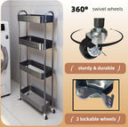 4 Tier Slim Storage Cart with Wheels for Laundry Room Between Washer and Dryer, 7.1'' Narrow Rolling Cart with Wheels and Lockable Casters, Metal Thin Standing Shelf for Small Space, Black