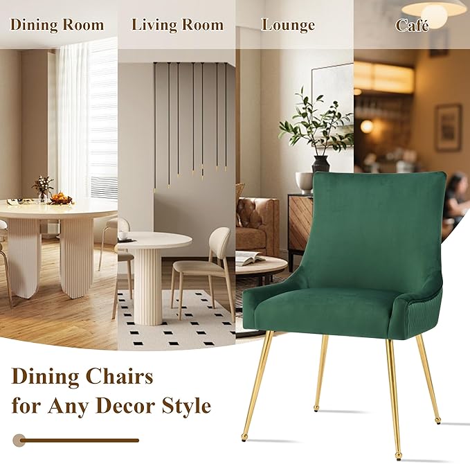 Velvet Dining Chairs Set of 2, Modern Upholstered Kitchen Chair with Pull Handle & Pleated Back, Mid Century Accent Chair with Gold Metal Legs for Vanity,Dining,Kitchen,Living Room, Green