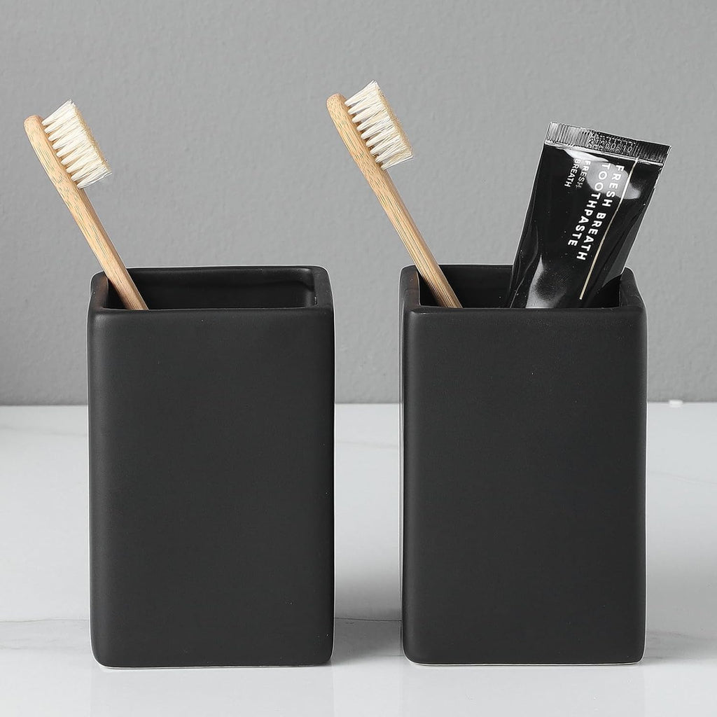 Black Square Toothbrush Holders for Bathrooms - 2 Cups Ceramic Square Toothbrush Toothpaste Holders Set, Bathroom Tumbler Cups Reusable Toothbrush Mouthwash Cup, Bathroom Counter Organizer.