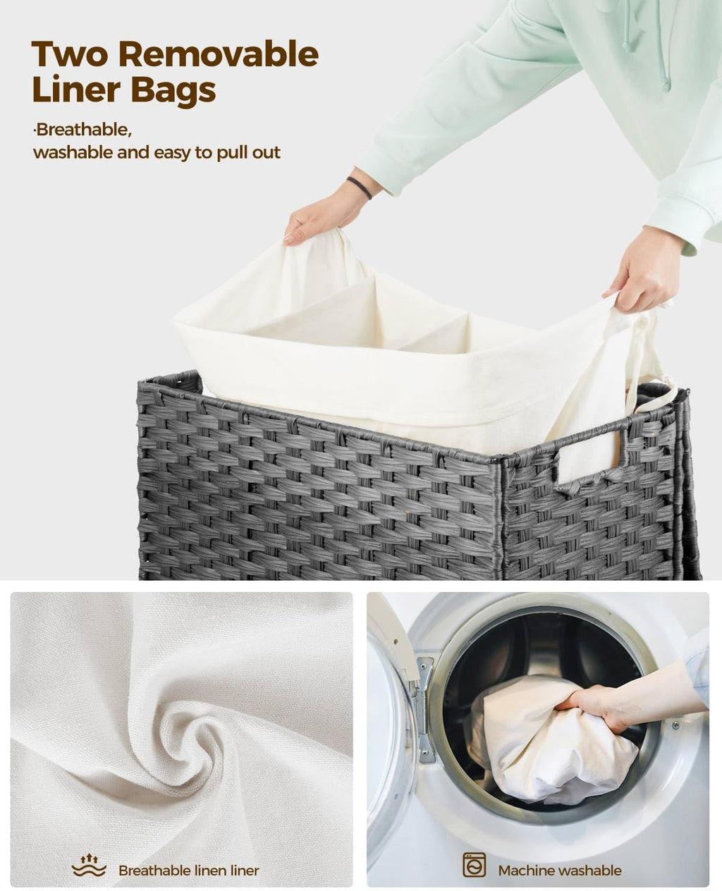 GREENSTELL Laundry Hamper with Wheels&Lid, 130L Large 3 Sections Clothes Hamper with 2 Types Removable Liner Bags, 5 Mesh Laundry Bags, Handwoven Divided Laundry Basket Gray